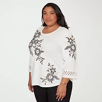 Alfred Dunner Detail Driven Womens Plus Crew Neck 3/4 Sleeve T-Shirt