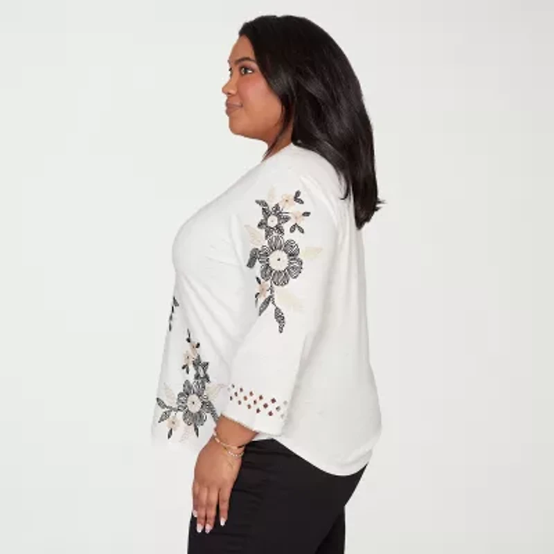 Alfred Dunner Detail Driven Womens Plus Crew Neck 3/4 Sleeve T-Shirt