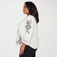 Alfred Dunner Detail Driven Womens Plus Crew Neck 3/4 Sleeve T-Shirt