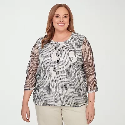 Alfred Dunner Detail Driven Womens Plus Crew Neck 3/4 Sleeve T-Shirt