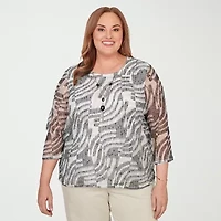 Alfred Dunner Detail Driven Womens Plus Crew Neck 3/4 Sleeve T-Shirt