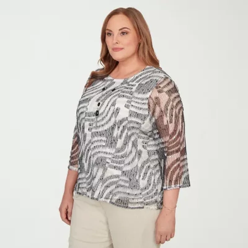 Alfred Dunner Detail Driven Womens Plus Crew Neck 3/4 Sleeve T-Shirt