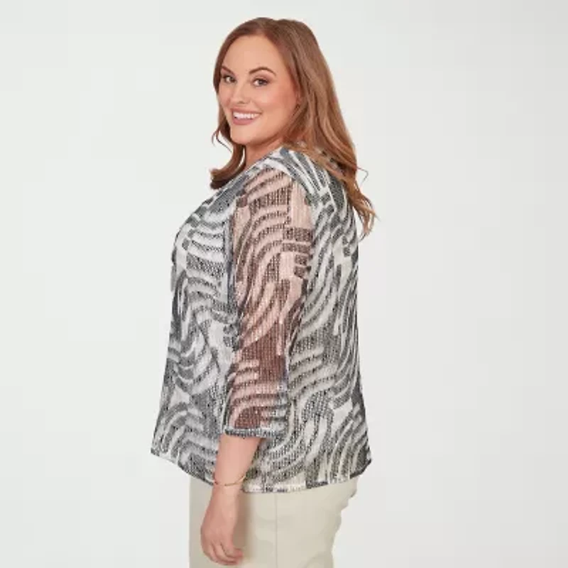 Alfred Dunner Detail Driven Womens Plus Crew Neck 3/4 Sleeve T-Shirt