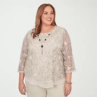 Alfred Dunner Detail Driven Womens Plus Crew Neck 3/4 Sleeve Layered Top