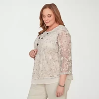 Alfred Dunner Detail Driven Womens Plus Crew Neck 3/4 Sleeve Layered Top