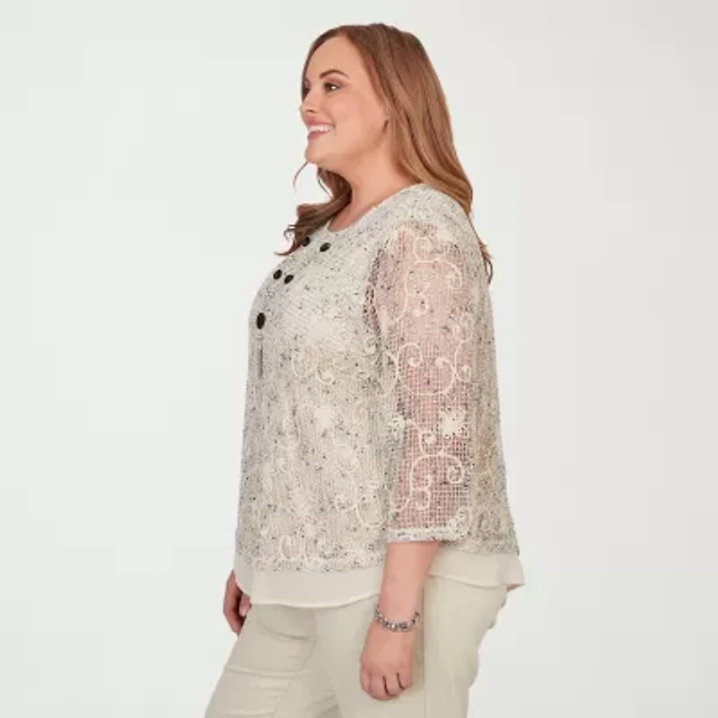 Alfred Dunner Detail Driven Womens Plus Crew Neck 3/4 Sleeve Layered Top
