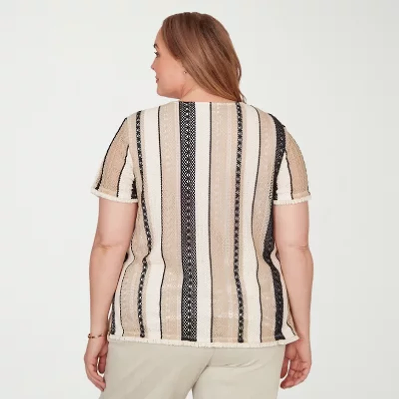 Alfred Dunner Detail Driven Womens Plus Crew Neck 3/4 Sleeve T-Shirt