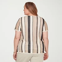 Alfred Dunner Detail Driven Womens Plus Crew Neck 3/4 Sleeve T-Shirt