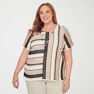 Alfred Dunner Detail Driven Womens Plus Crew Neck 3/4 Sleeve T-Shirt