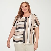 Alfred Dunner Detail Driven Womens Plus Crew Neck 3/4 Sleeve T-Shirt