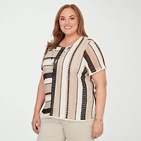 Alfred Dunner Detail Driven Womens Plus Crew Neck 3/4 Sleeve T-Shirt