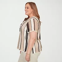 Alfred Dunner Detail Driven Womens Plus Crew Neck 3/4 Sleeve T-Shirt
