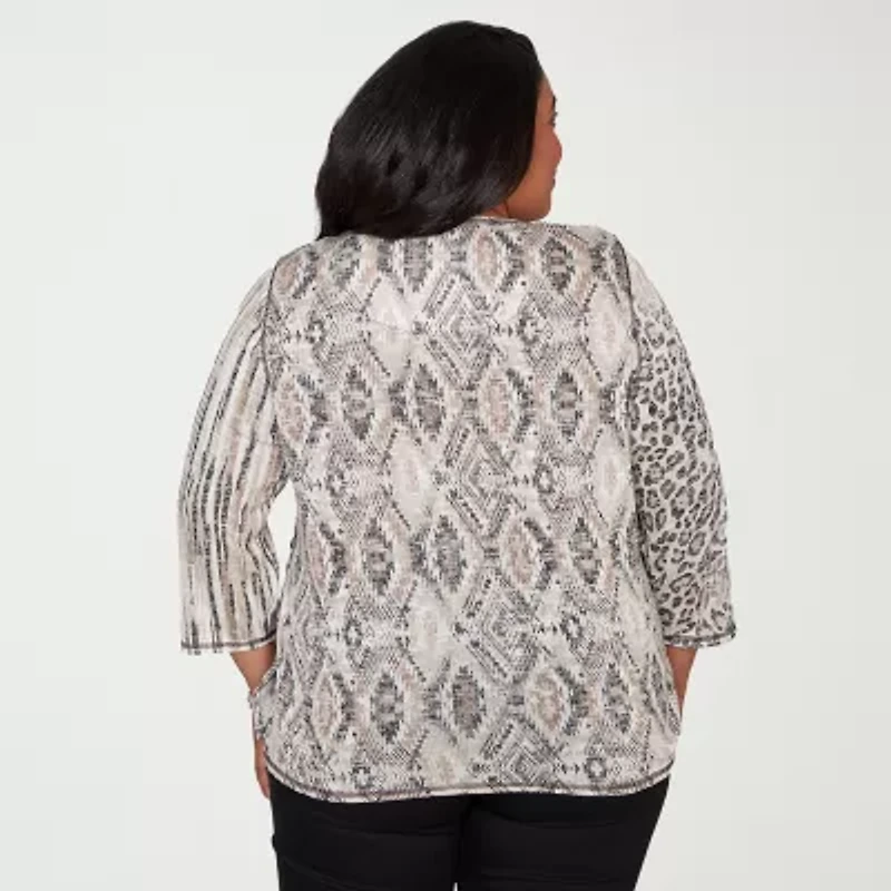 Alfred Dunner Detail Driven Womens Plus Crew Neck 3/4 Sleeve T-Shirt