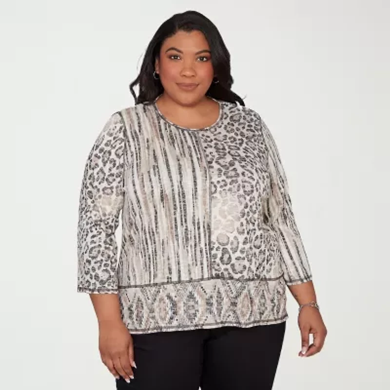 Alfred Dunner Detail Driven Womens Plus Crew Neck 3/4 Sleeve T-Shirt