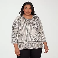 Alfred Dunner Detail Driven Womens Plus Crew Neck 3/4 Sleeve T-Shirt