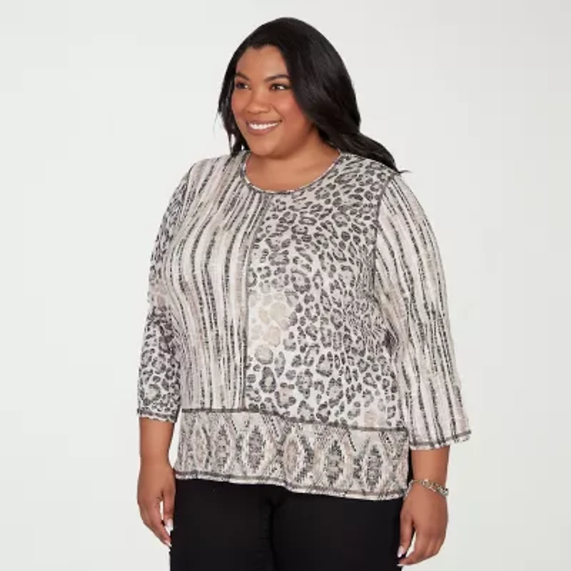 Alfred Dunner Detail Driven Womens Plus Crew Neck 3/4 Sleeve T-Shirt