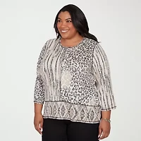 Alfred Dunner Detail Driven Womens Plus Crew Neck 3/4 Sleeve T-Shirt