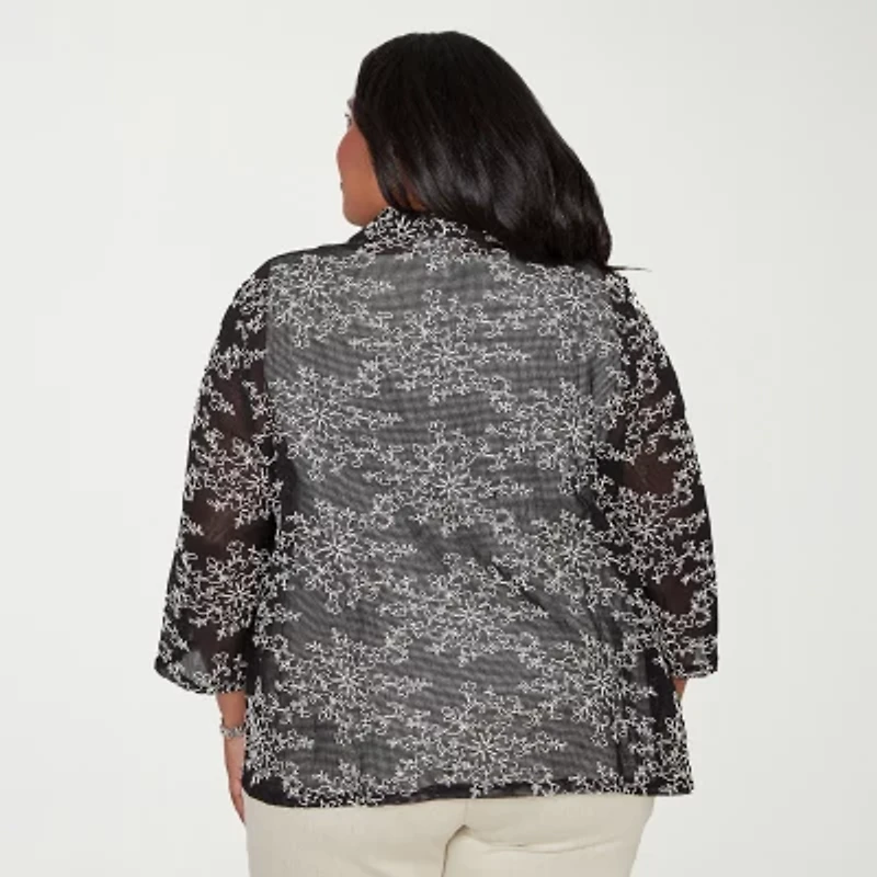 Alfred Dunner Detail Driven Womens Plus Roll 3/4 Sleeve Classic Fit Button-Down Shirt