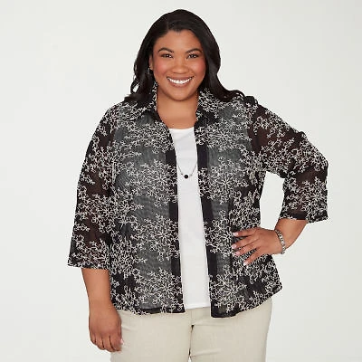 Alfred Dunner Detail Driven Womens Plus Roll 3/4 Sleeve Classic Fit Button-Down Shirt