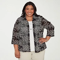 Alfred Dunner Detail Driven Womens Plus Roll 3/4 Sleeve Classic Fit Button-Down Shirt