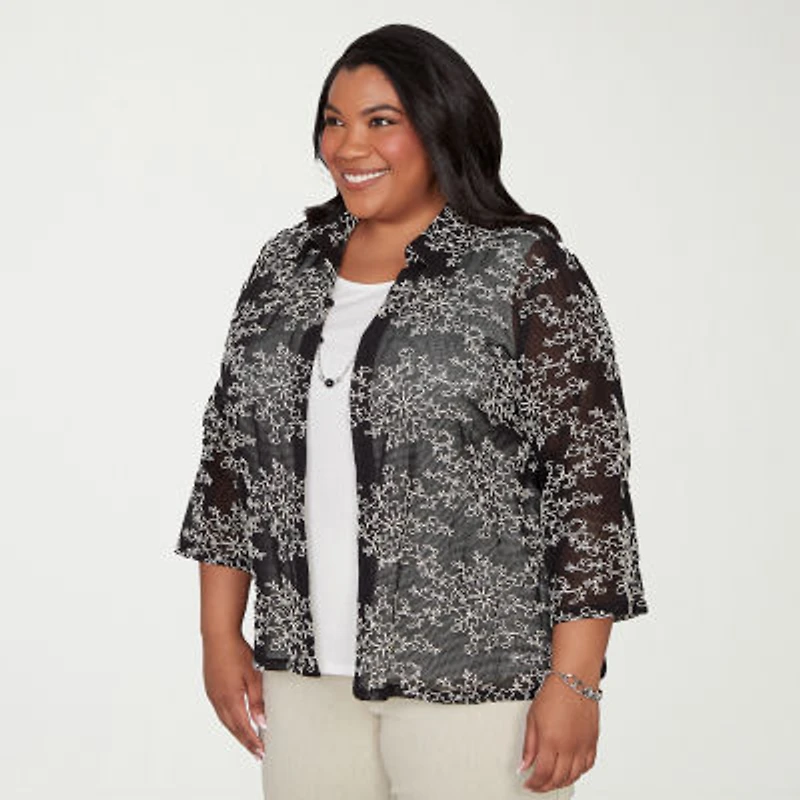 Alfred Dunner Detail Driven Womens Plus Roll 3/4 Sleeve Classic Fit Button-Down Shirt