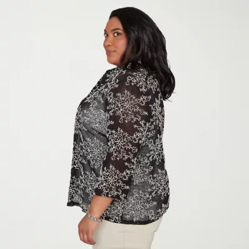 Alfred Dunner Detail Driven Womens Plus Roll 3/4 Sleeve Classic Fit Button-Down Shirt