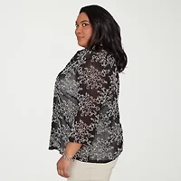 Alfred Dunner Detail Driven Womens Plus Roll 3/4 Sleeve Classic Fit Button-Down Shirt