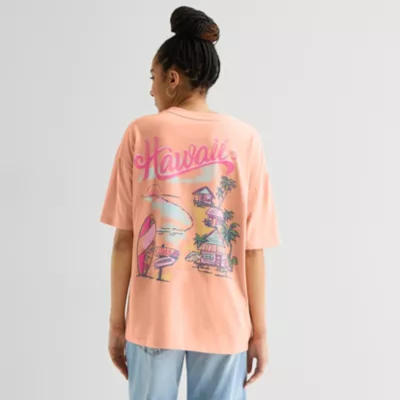 New World Hawaii Womens Juniors Crew Neck Short Sleeve Oversized Graphic T-Shirt