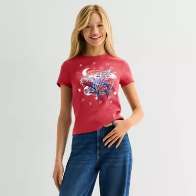 Americana Butterfly Baby Tee Womens Juniors Crew Neck Short Sleeve Fitted Graphic T-Shirt