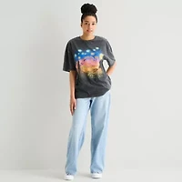 New World Starry Night Womens Juniors Crew Neck Short Sleeve Oversized Graphic T-Shirt
