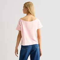 New World Cranberries Off The Shoulder Tee Womens Juniors Asymmetrical Neck Short Sleeve Regular Fit Graphic T-Shirt