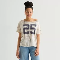 Arizona Womens Juniors Asymmetrical Neck Short Sleeve Regular Fit Graphic T-Shirt