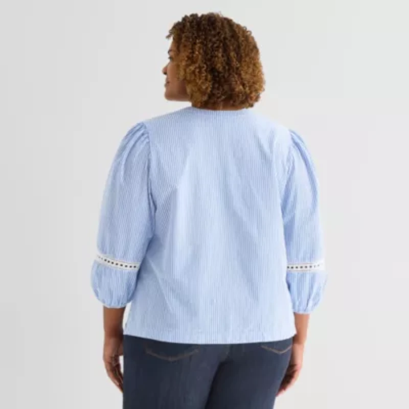 St. John's Bay Womens Plus Henley Neck 3/4 Sleeve Blouse