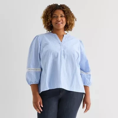 St. John's Bay Womens Plus Henley Neck 3/4 Sleeve Blouse