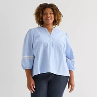 St. John's Bay Womens Plus Henley Neck 3/4 Sleeve Blouse