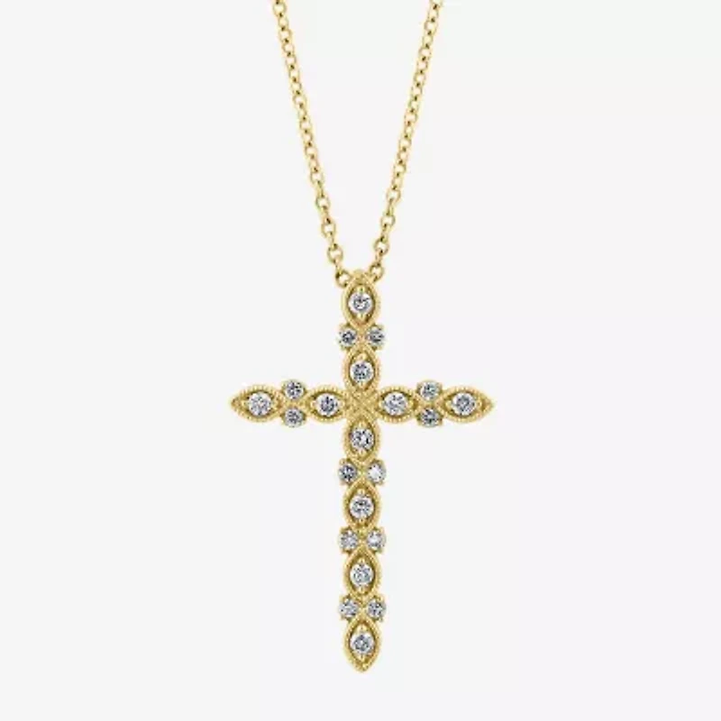 Effy Womens 1/4 CT. T.W. Natural White Diamond 14K Gold Cross 18 Inch Pendant Necklace