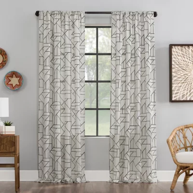 Archaeo Jigsaw Embroidery Linen Blend Rod Pocket Sheer Single Curtain Panel