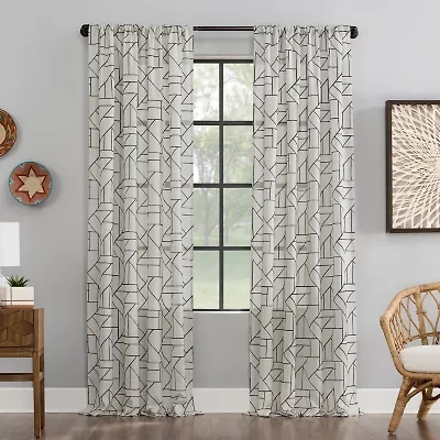 Archaeo Jigsaw Embroidery Linen Blend Rod Pocket Sheer Single Curtain Panel