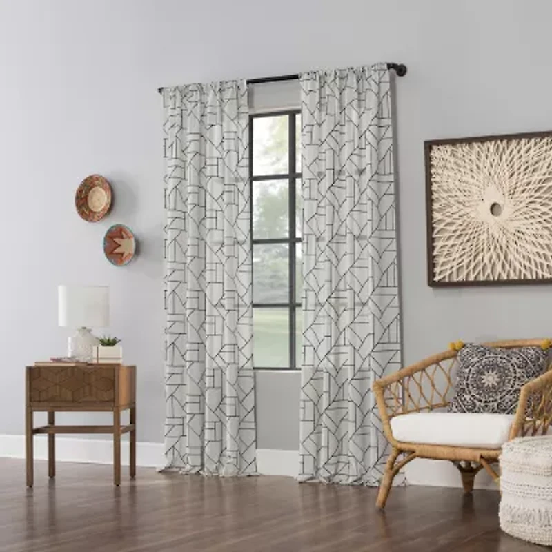 Archaeo Jigsaw Embroidery Linen Blend Rod Pocket Sheer Single Curtain Panel