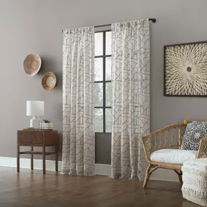 Archaeo Jigsaw Embroidery Linen Blend Rod Pocket Sheer Single Curtain Panel