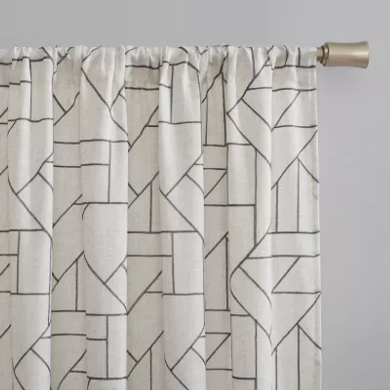 Archaeo Jigsaw Embroidery Linen Blend Rod Pocket Sheer Single Curtain Panel