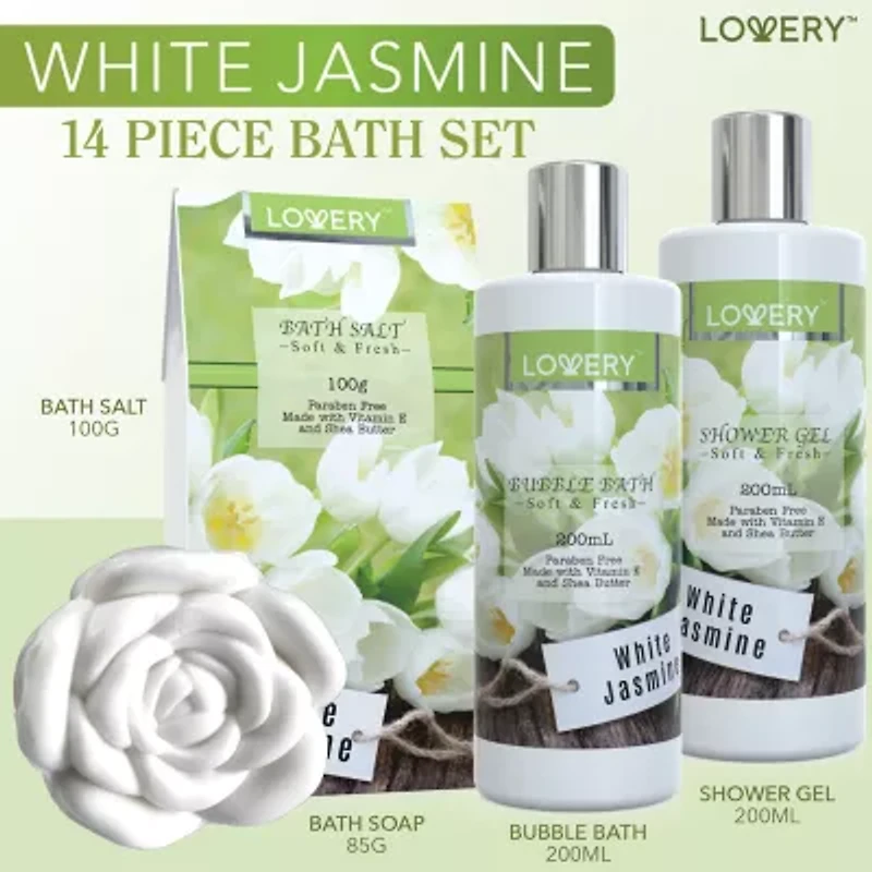 Lovery White Jasmine Bath Set - 13pc Sequin Cosmetic Bag Kit