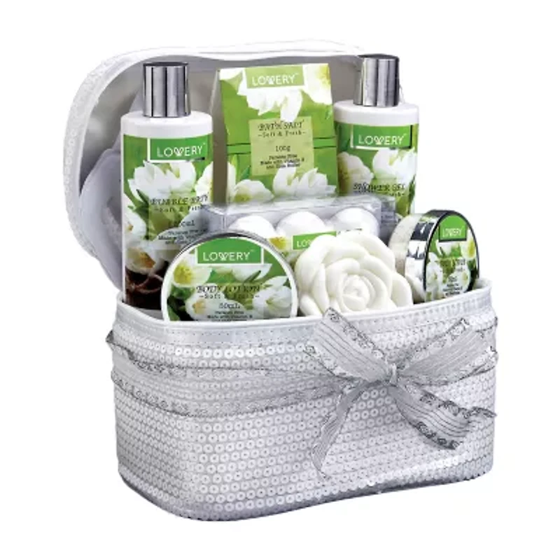 Lovery White Jasmine Bath Set - 13pc Sequin Cosmetic Bag Kit