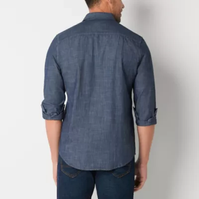 St. John's Bay Chambray Mens Long Sleeve Slim Fit Button-Down Shirt