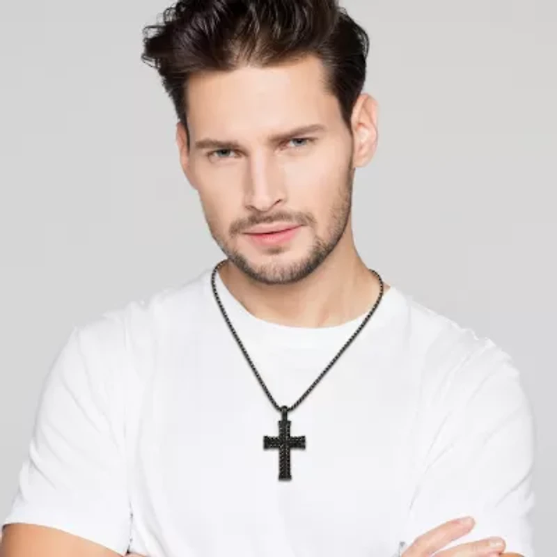 Shaquille O'Neal XLG Mens Lab Created Black Cubic Zirconia Stainless Steel Cross 22 Inch Pendant Necklace