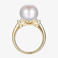 Womens Diamond Accent White Cultured Freshwater Pearl 18K Gold Over Silver Cocktail Ring