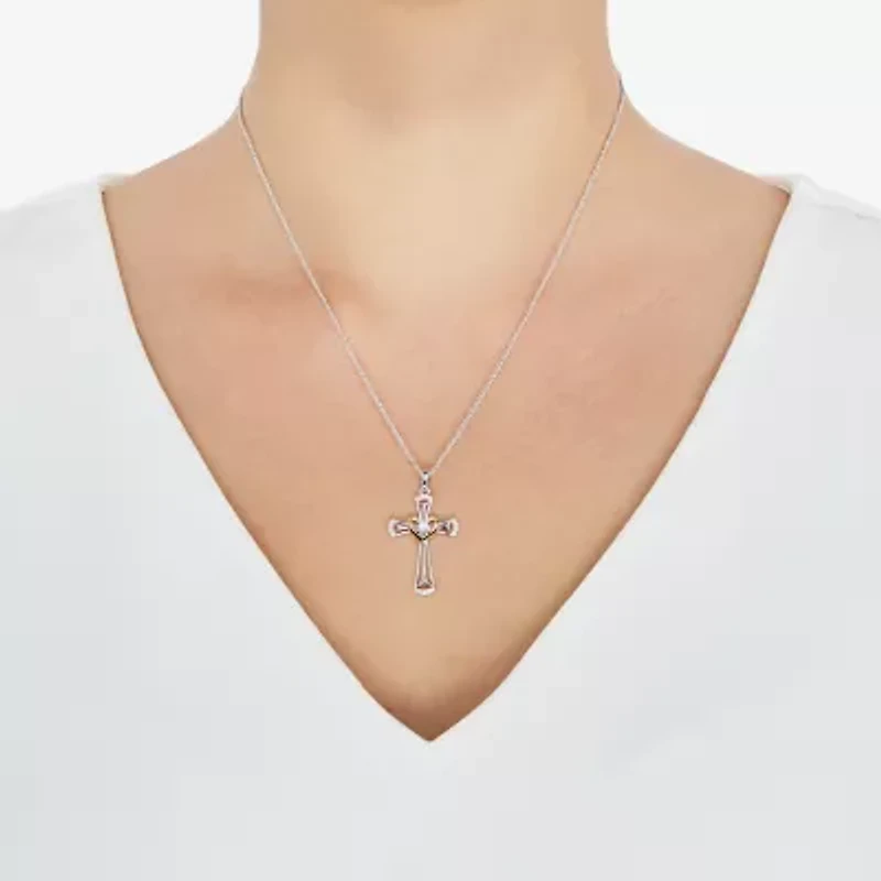 Womens White Cubic Zirconia Sterling Silver Cross 18 Inch Pendant Necklace