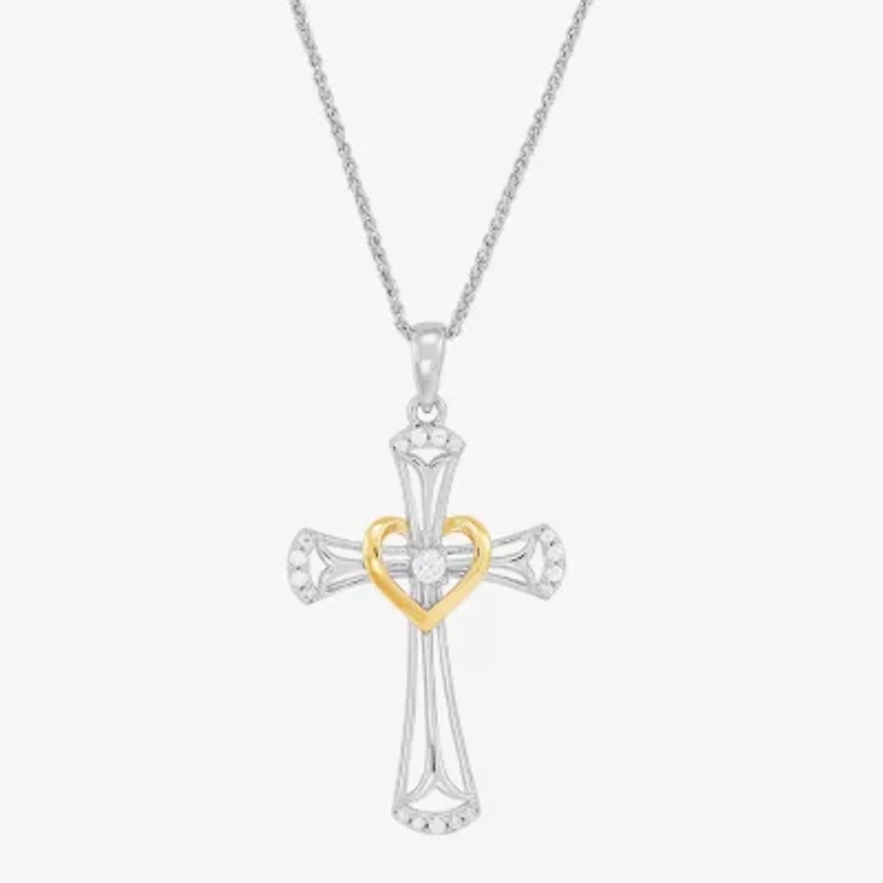 Womens White Cubic Zirconia Sterling Silver Cross 18 Inch Pendant Necklace