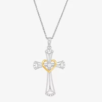 Womens White Cubic Zirconia Sterling Silver Cross 18 Inch Pendant Necklace