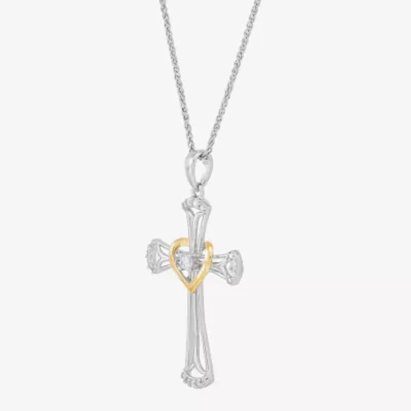 Womens White Cubic Zirconia Sterling Silver Cross 18 Inch Pendant Necklace